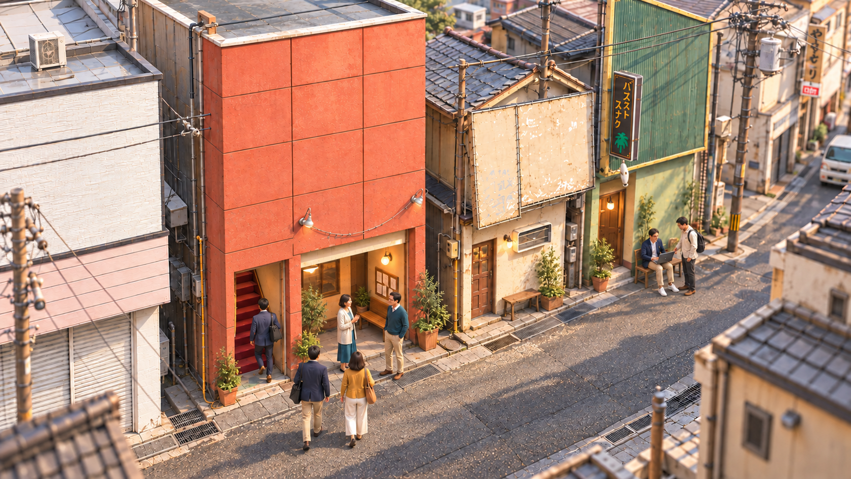 実際の赤い建物と路地をもとに、外壁や入口が整い、植栽と灯りのそばに大人が集う未来を描いた俯瞰イラスト